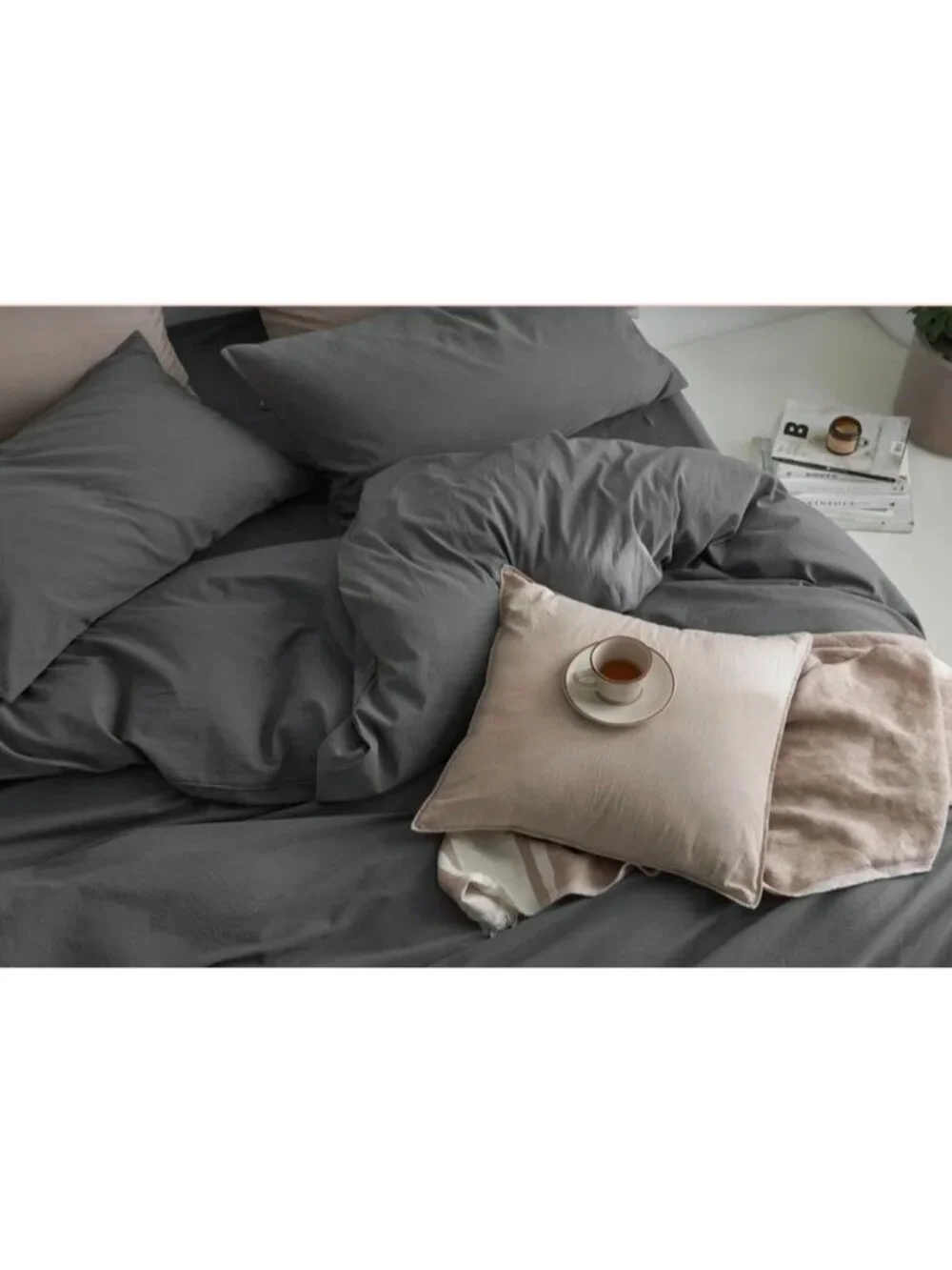 Full Duvet Cover 2 Pillowcases Set Soft Wave Stitching Dark Gray Luxury Bedding